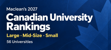 Maclean’s 2027 Canadian University Rankings cover: 56 universities in the Large, Mid-Size and Small categories, against a blue maple-leaf background.