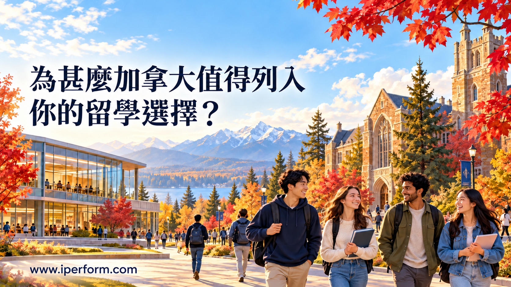 iPerform 加拿大留學專題封面:多元學生走在秋季校園,背景有學院建築、現代圖書館與山景。